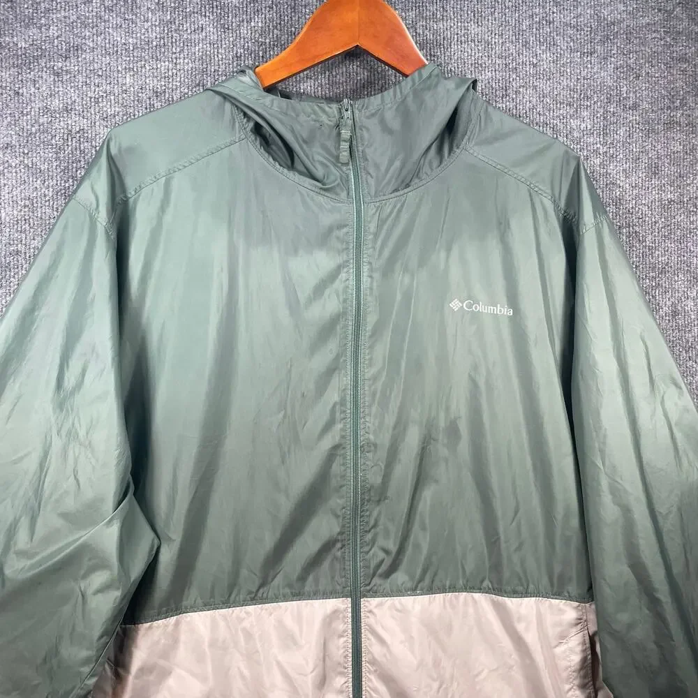 Columbia Windbreaker Jacket Men's XL Green/Beige Full Zip Hooded Light READ